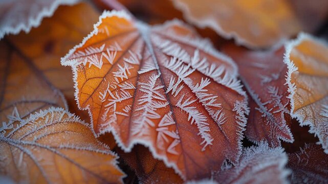 Delicate frost crystals forming intricate patterns on copper brown autumn leaves in cold winter morning