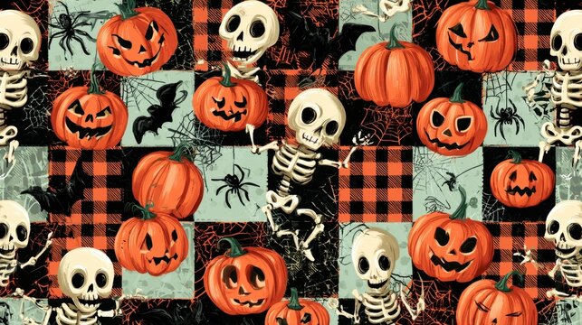 scary halloween seamless pattern background with jack o lanterns spooky skeletons flying bats spider webs plaid texture cute creepy holiday illustration festive art print pattern
