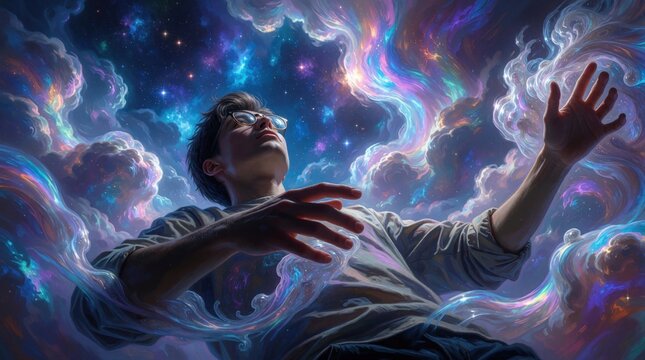Man in lucid dreamscape manipulates colorful nebulae clouds with stars. He experiences vibrant subconscious mind, conscious fantasy, and astral projection exploring inner universe.