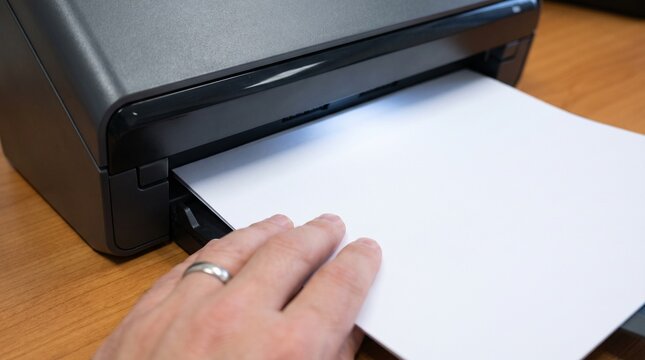Hand guiding a white document into a modern office scanner for digital processing