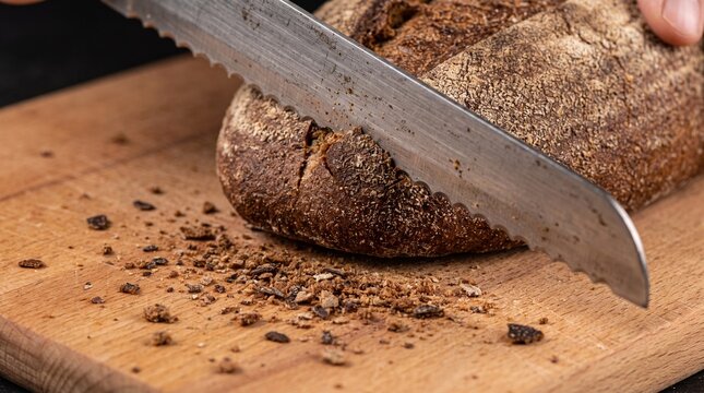 Serrated knife slicing crusty dark sourdough bread on a wooden cutting board