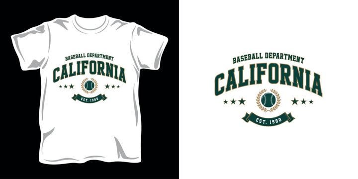 Baseball department California typography with laurel and ball for college style apparel.
