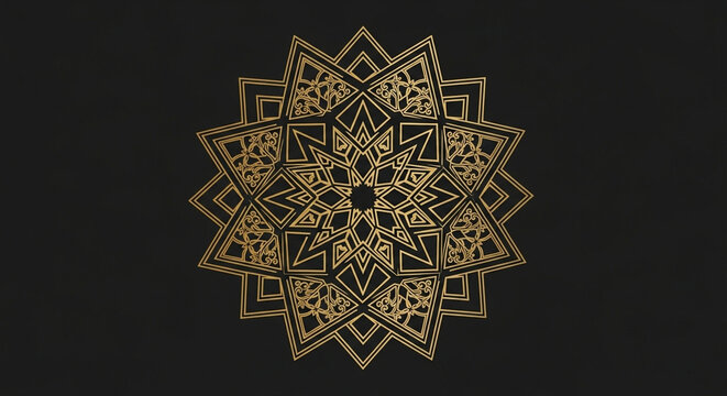 A magnificent golden circular geometric mandala ornament glowing with intricate sacred patterns displayed against a dark textured surface creates a visually striking artistic centerpiece