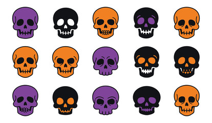 Fototapeta premium Set of spooky cartoon human skulls in purple black orange colors for halloween design halloween skeleton illustration