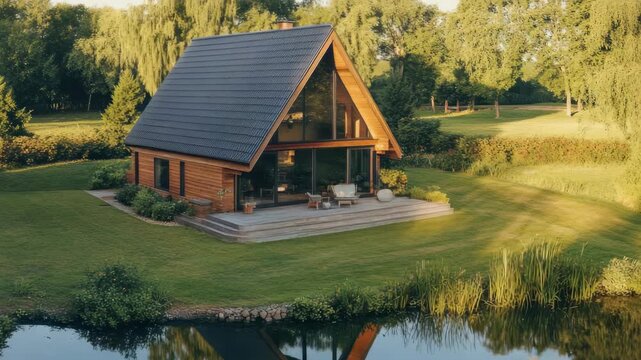 Modern A-frame Cabin with Glass Front and Terrace Near a Pond