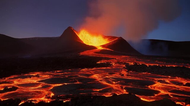 A powerful nighttime volcanic eruption showcasing glowing lava flows across the landscape.