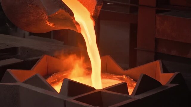 Incandescent Molten Metal Being Poured into a Sand Casting Mold During Industrial Manufacturing Process