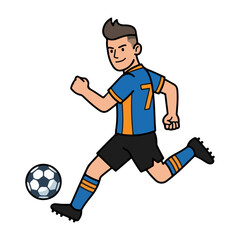 Obraz premium Young male soccer player in blue and orange uniform dribbling a football ball, professional athlete cartoon illustration