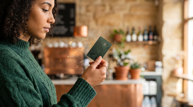 A woman in a cozy green sweater looks at a credit card while standing in a cafe, highlighting modern payment methods