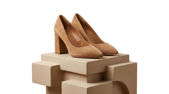 Elegant brown suede high heel shoes placed on a modern geometric pedestal stand with high heels brown pumps women shoes footwear fash