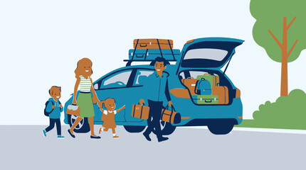 Fototapeta premium Vector illustration of a happy family packing luggage into car trunk before starting a summer road trip adventure holiday vacation.