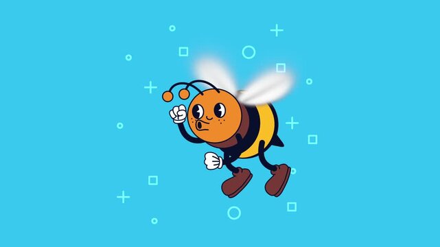 Bee cartoon character animated in a loop, happy and buzzing on a light blue background with floating shapes.