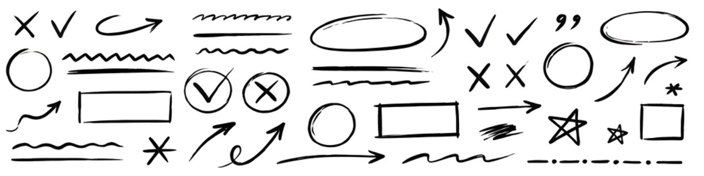 Arrow hand drawn line set. Hand drawn arrow line mark underline check brush doodle sketch highlight. Chalk marker scribble circle curve tick sign grunge blackboard background. Vector illustration