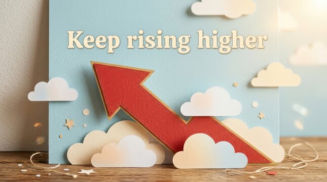 Red arrow graph pointing upwards through clouds with text 'Keep rising higher', symbolizing growth and success