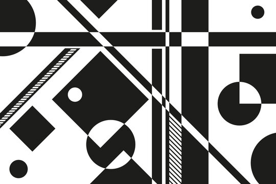 A striking minimalist composition of overlapping black and white geometric shapes inspired by avant-garde art.