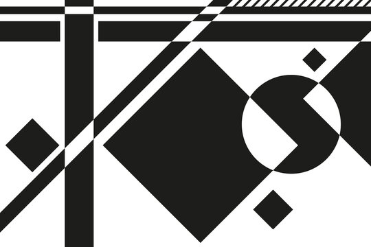 A striking minimalist composition of overlapping black and white geometric shapes inspired by avant-garde art.