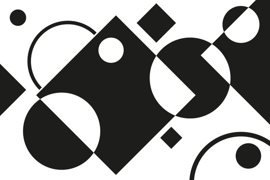 A striking minimalist composition of overlapping black and white geometric shapes inspired by avant-garde art.