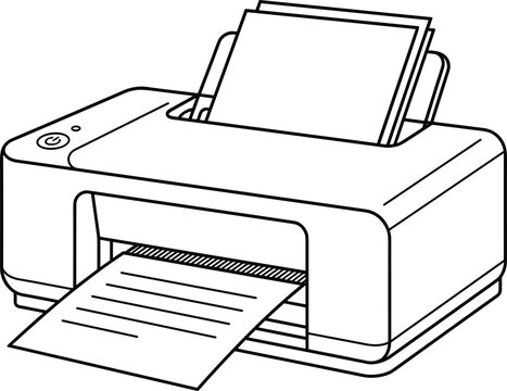 Office desktop printer printing a document paper sheet in a clean line art style outline vector illustration