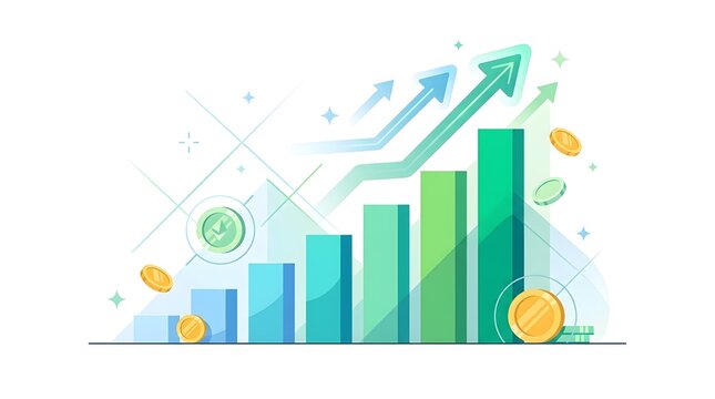 Business growth chart with rising arrows and gold coins vector style illustration