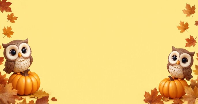 Autumn background featuring cute owl figures sitting on pumpkins and fall leaves