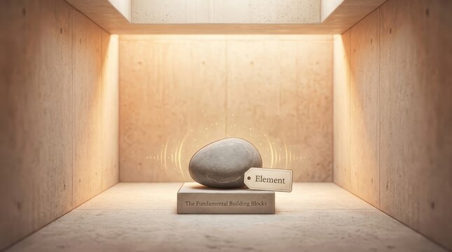 Stone on a pedestal with 'element' tag, conceptual representation of basic building block or natural element.