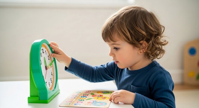 Young child learning to tell time with a wooden clock puzzle on a table