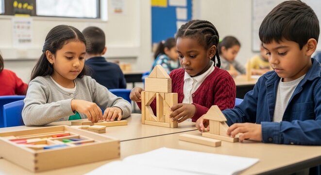 Young children engaged in hands-on geometry learning with wooden blocks in a classroom setting.