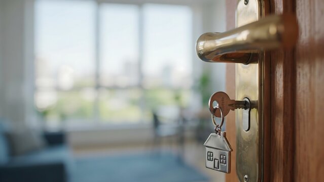 Modern door handle and lock with hanging keys in a contemporary interior
