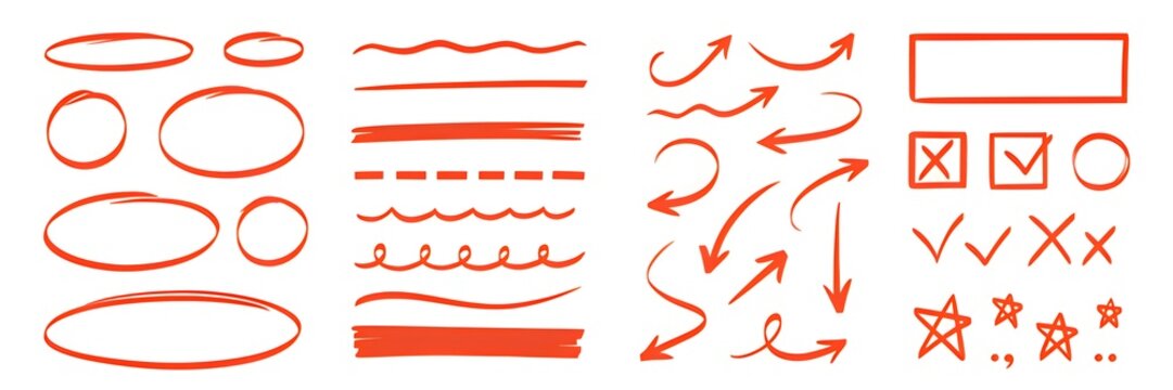 Hand drawn pen line highlight red set. Line red hand drawn pen marker stroke underline, arrow, check mark emphasis. Round oval, circle scribble frame, arrow elements . Vector illustration