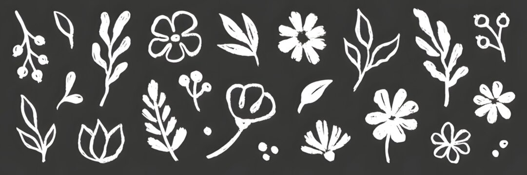 Brush flower leaf paint set. Hand drawn brush flower leaf floral stroke sketch plant doodle nature. Chalkboard blackboard botanical daisy poppy leaves herb summer background. Vector illustration