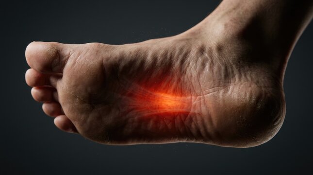 Close-up of human foot sole with red glowing highlighted area showing plantar fasciitis pain