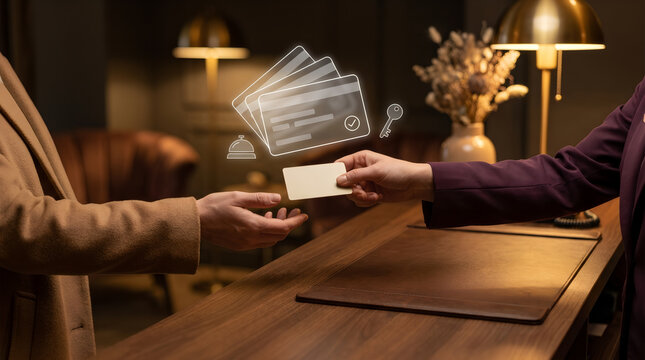 Customer paying with credit card at a restaurant counter with holographic icons.