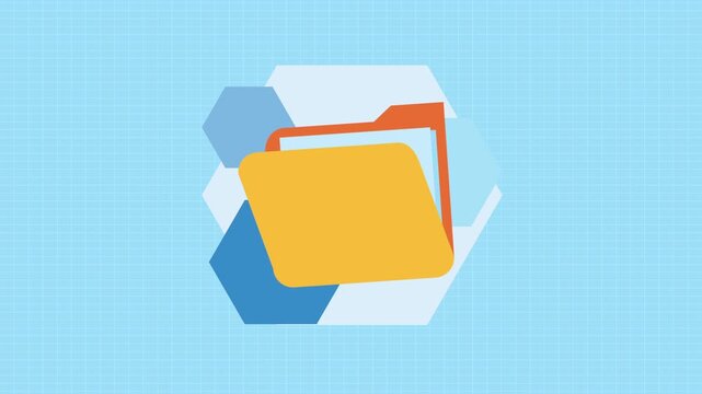 Animated folder icon appearing on geometric background with blue grid for data storage concept.