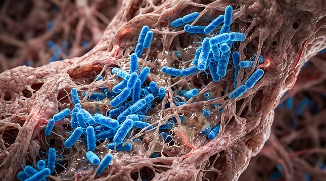 Microscopic 3D illustration of blue rod-shaped bacteria colonizing organic biological tissue surface