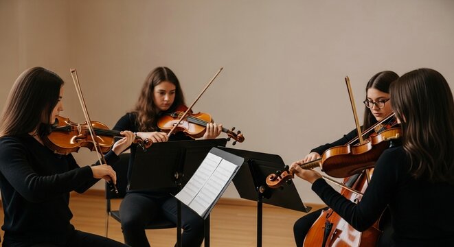 Young music students diligently rehearsing classical pieces together with violins and cellos in a bright, neutral studio setting