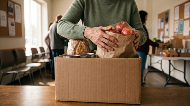 Volunteer packing food donation box, charitable community support, person organizing grocery supplies for hunger relief