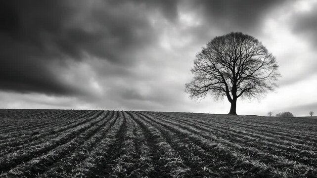 Solitary Leafless Tree in a Plowed Field Under a Dramatic Sky