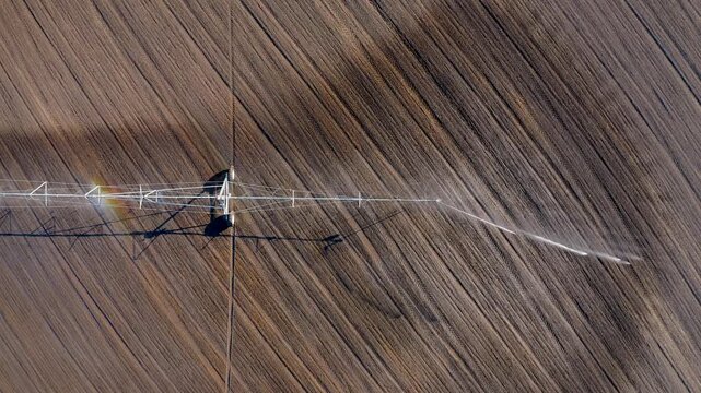 Drone aerial of a center pivot irrigation system watering drought-affected farmland in Hungary, highlighting modern agriculture and water management.