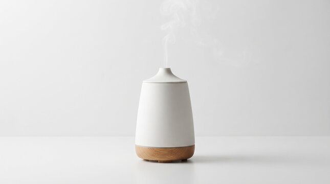 Minimalist ceramic aroma diffuser releasing mist on white background