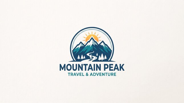 Mountain Peak Travel and Adventure Logo Design Featuring a Hiker on a Winding Path with Snowy Mountains and Sun Icon Vector Illustration