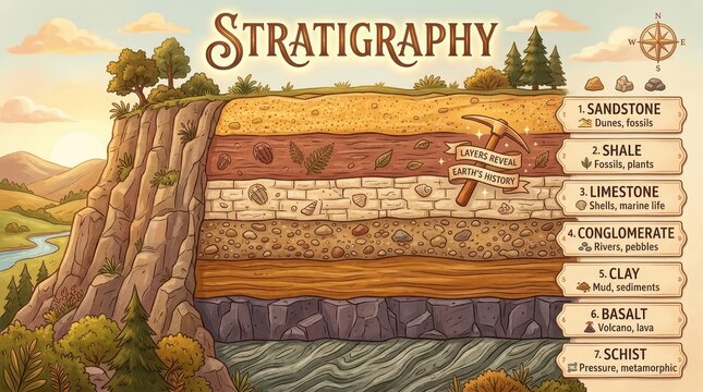 Stratigraphy Layers Illustration: Earth Science Cross-Section Showing Rock Formations, Fossils, and Geological History