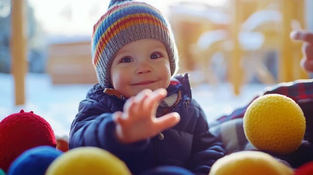 Smiling Toddler in Knit Beanie and Winter Jacket in Snow