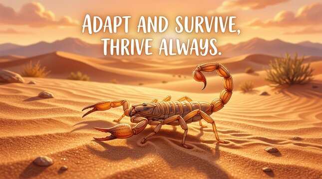 Scorpion walking in a desert at sunset, with motivational text "Adapt and Survive, Thrive Always".