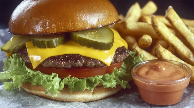 Gourmet Cheeseburger with Melted Cheese and French Fries