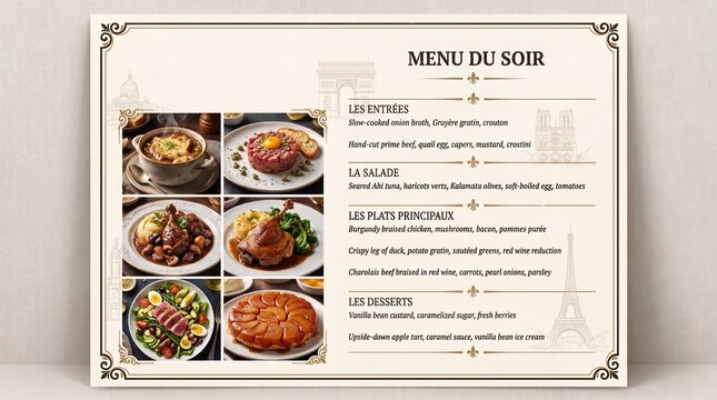 Elegant French Restaurant Dinner Menu Template with Gourmet Food Photos and Paris Landmark Illustrations