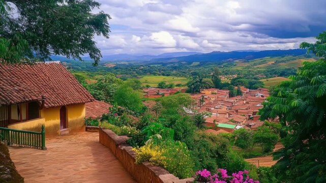 Panoramic view of a rustic village with red-tiled roofs in a green valley