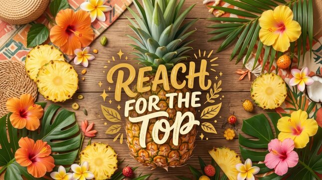 Tropical Paradise Pineapple Summer Vibes - 'Reach for the Top' Motivational Quote on Wooden Background with Hibiscus Flowers and Palm Leaves