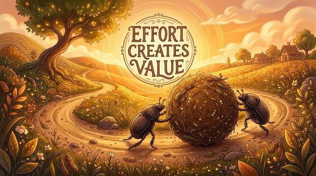 Two beetles push a large ball of hay up a hill in a picturesque countryside landscape with the motto 'Effort Creates Value' in the sky.