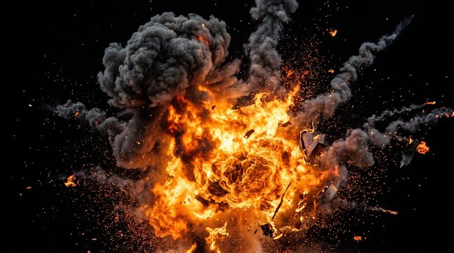 Massive fire explosion with thick smoke and flying embers on a black background