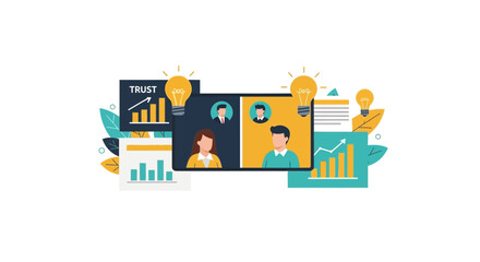 Naklejka premium Flat Vector Illustration of Remote Business Team Collaboration, Online Meetings, Data Growth Analytics, and Creative Idea Generation